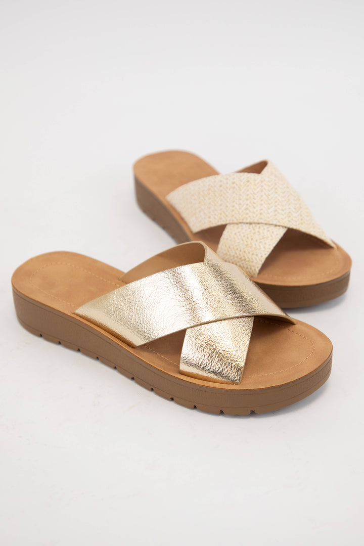 LUCY LIGHT-WEIGHT WEDGE PLATFORM CROSS STRAP SLIDE SANDAL