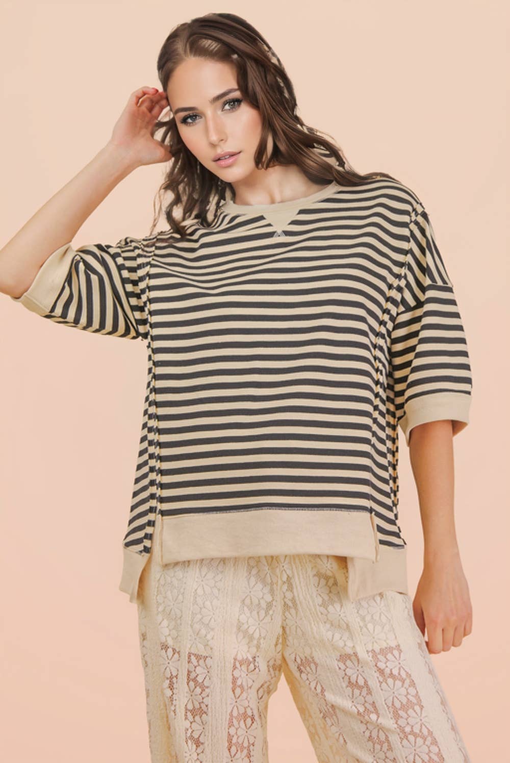 Striped Color Block Lounge Blue Cream Set