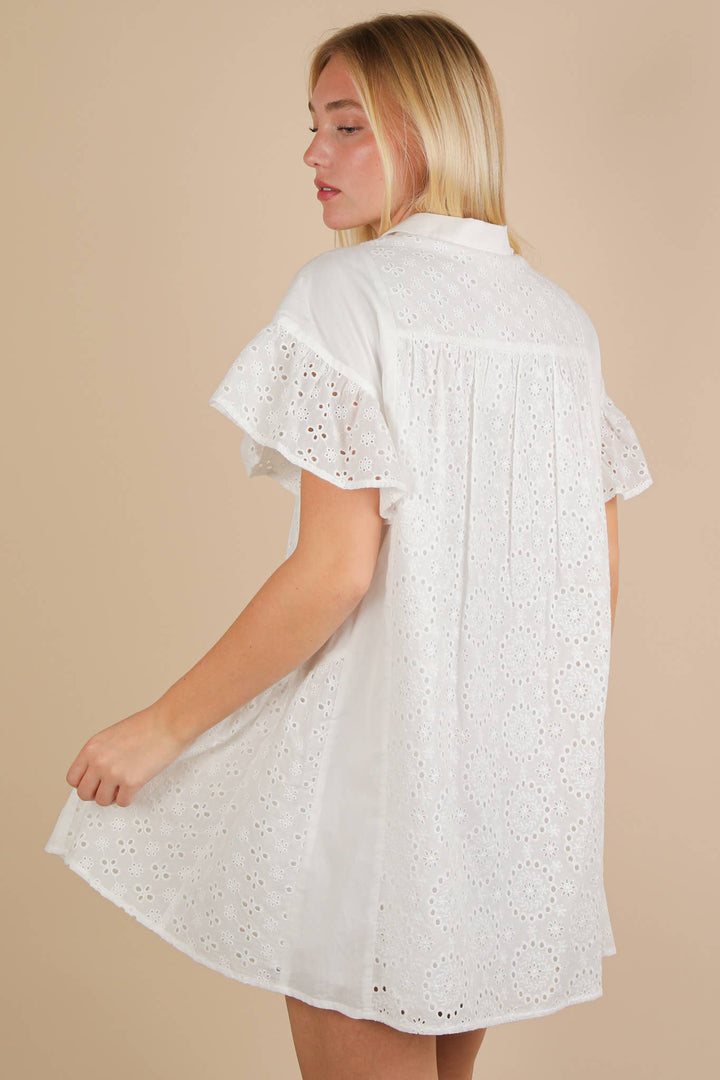 ND31658-Mixed Cotton Eyelet Lace Ruffled Mini Shirt Dress