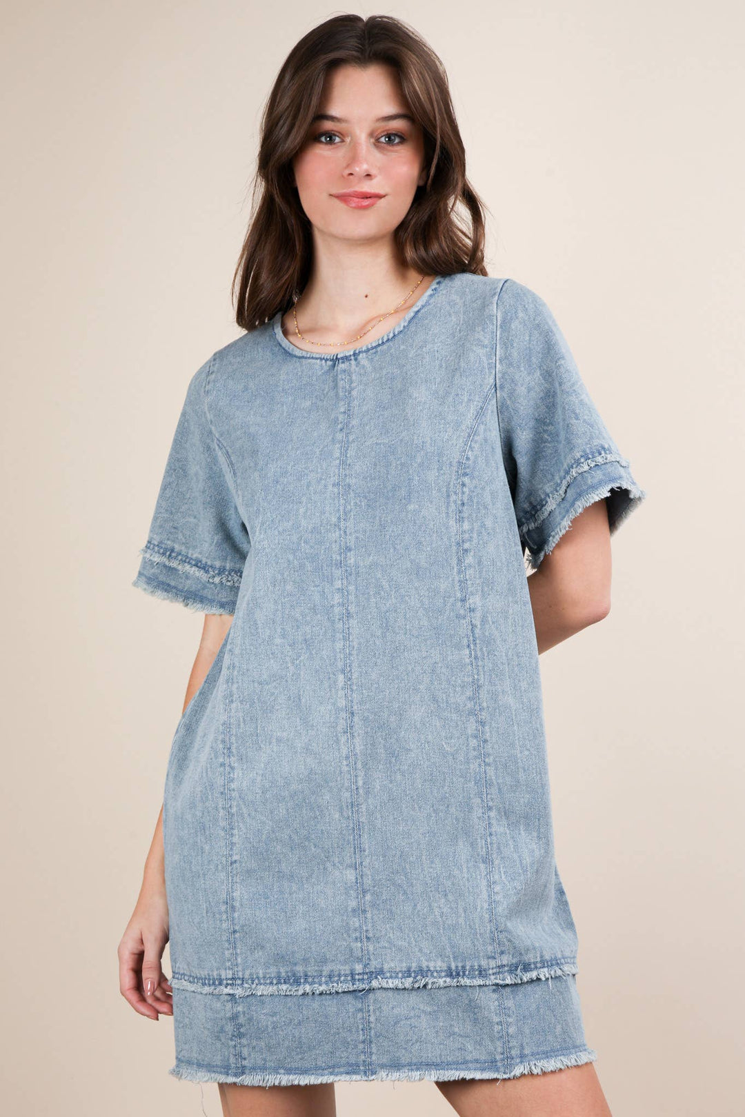 ND31576-Washed Denim Shift Mini Dress