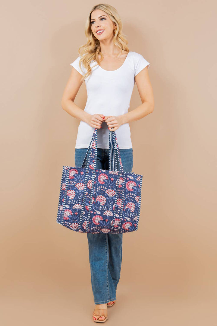 Blue Floral Quilted Tote Bag
