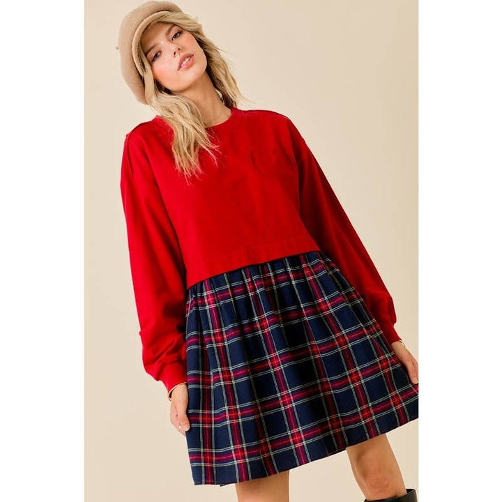 FRENCH TERRY PLAID MINI DRESS