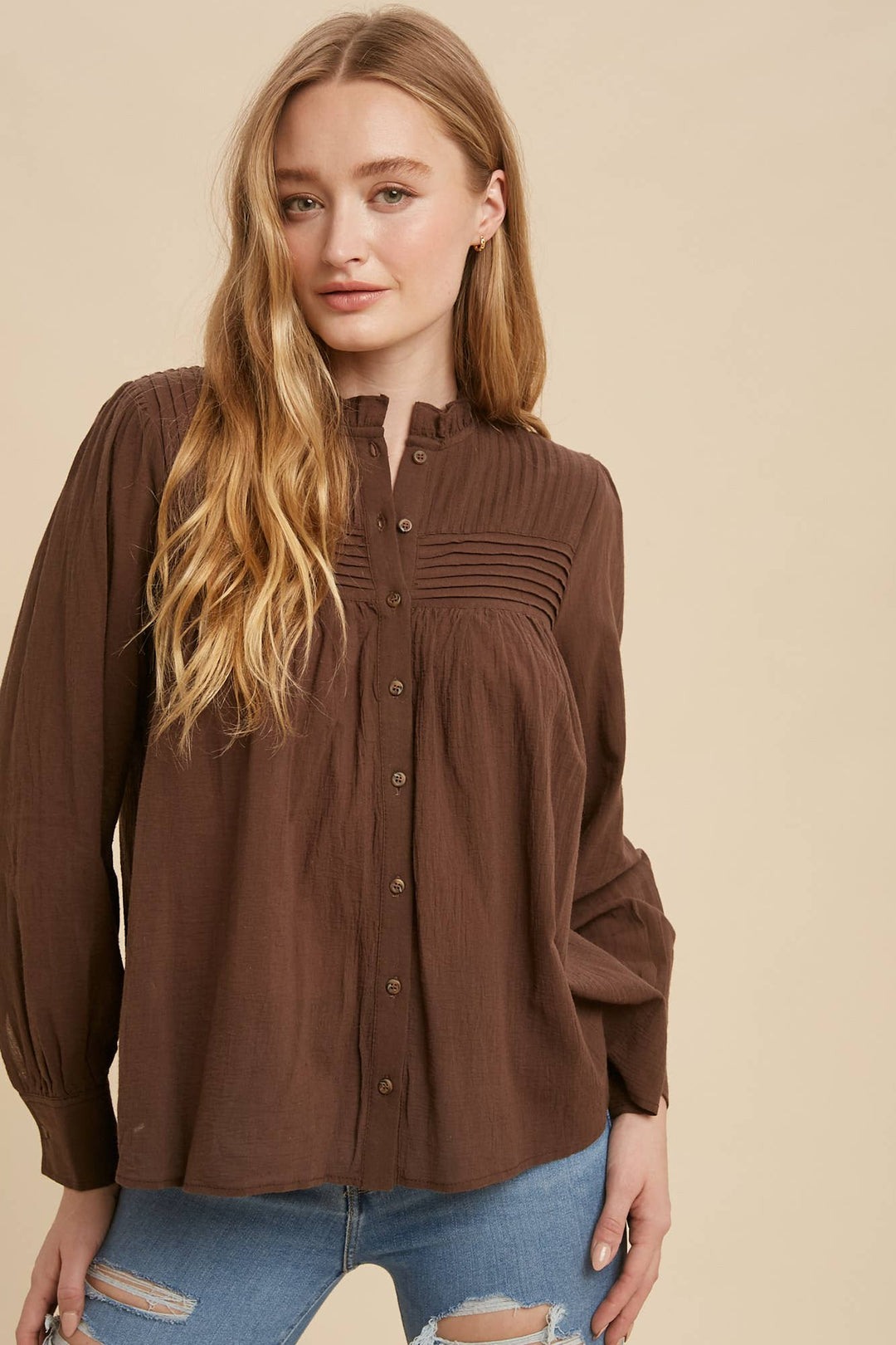 PINTUCK PLEATED MOCK NECK BLOUSE