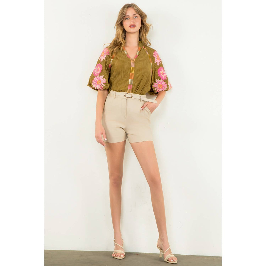 Embroidered Puff Sleeve Textured Floral Top