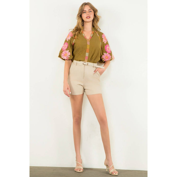 Embroidered Puff Sleeve Textured Floral Top