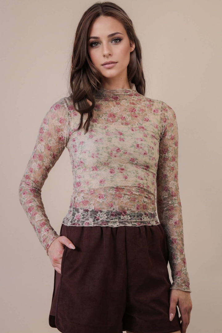Very J Fitted Sheer Mesh Lace Top