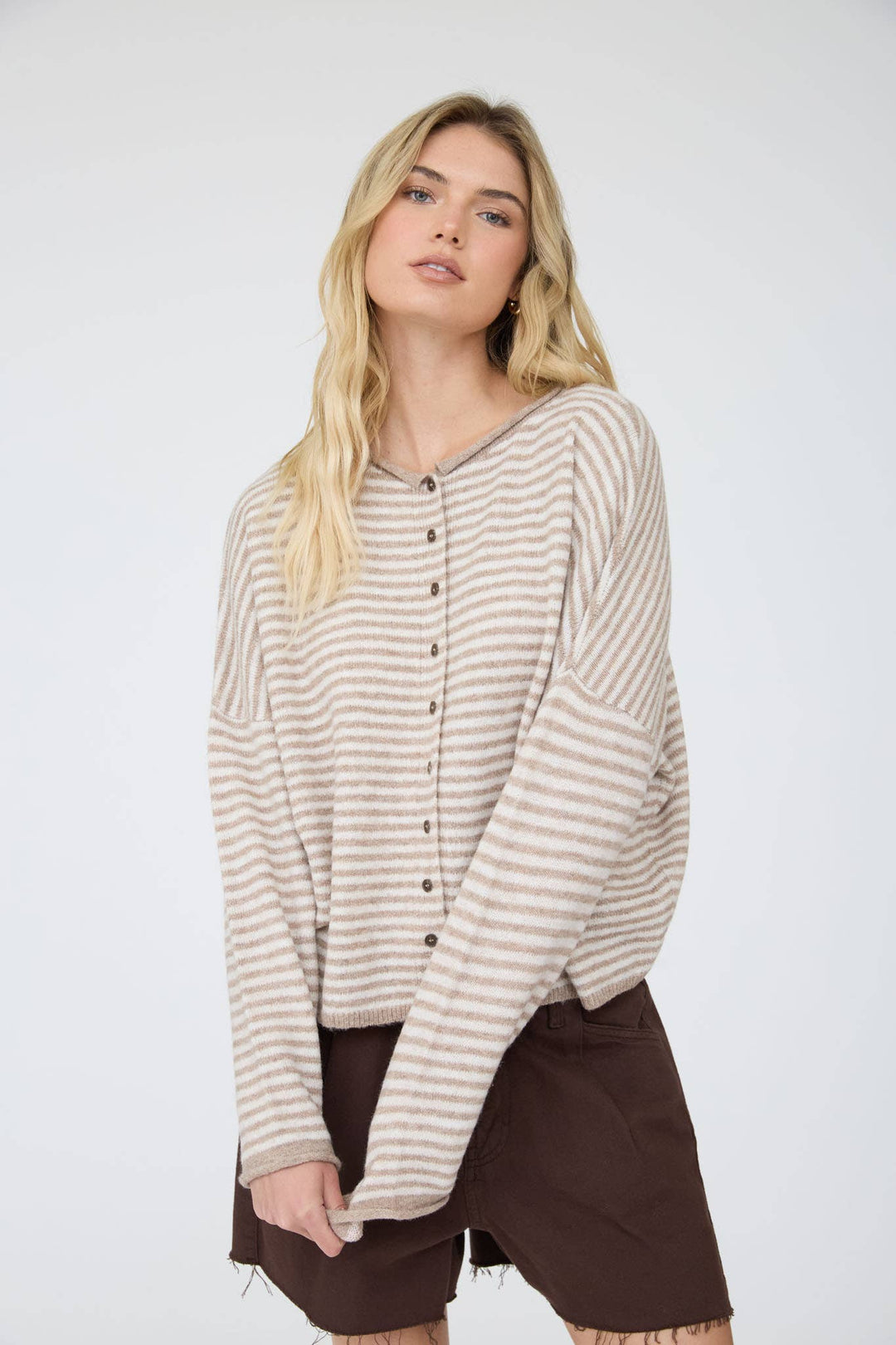 STRIPE RAW EDGE DROP SHOULDER KNIT CARDIGAN