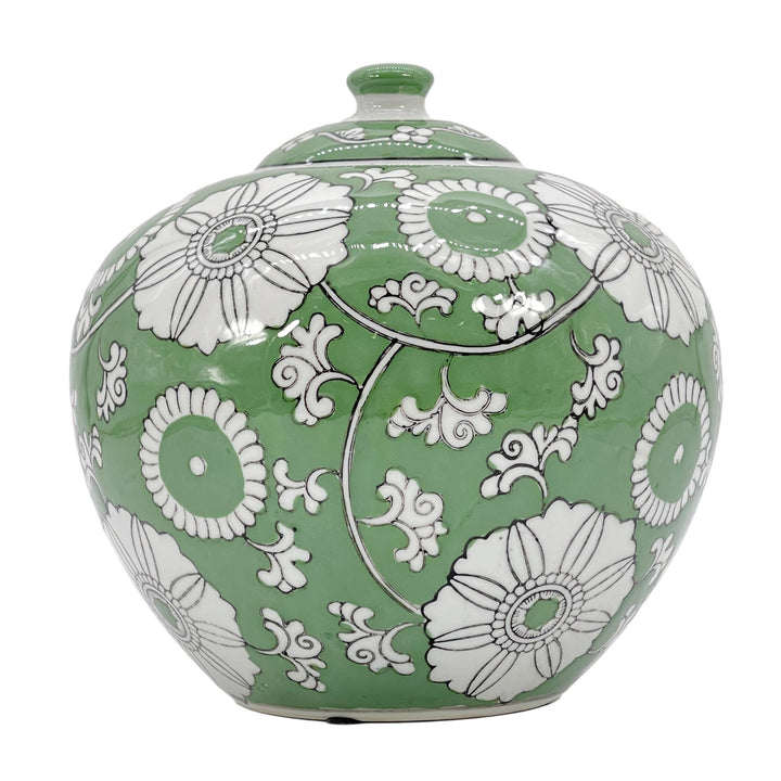 Green & White Floral Ceramic Chinoiserie Ginger Jar 8"