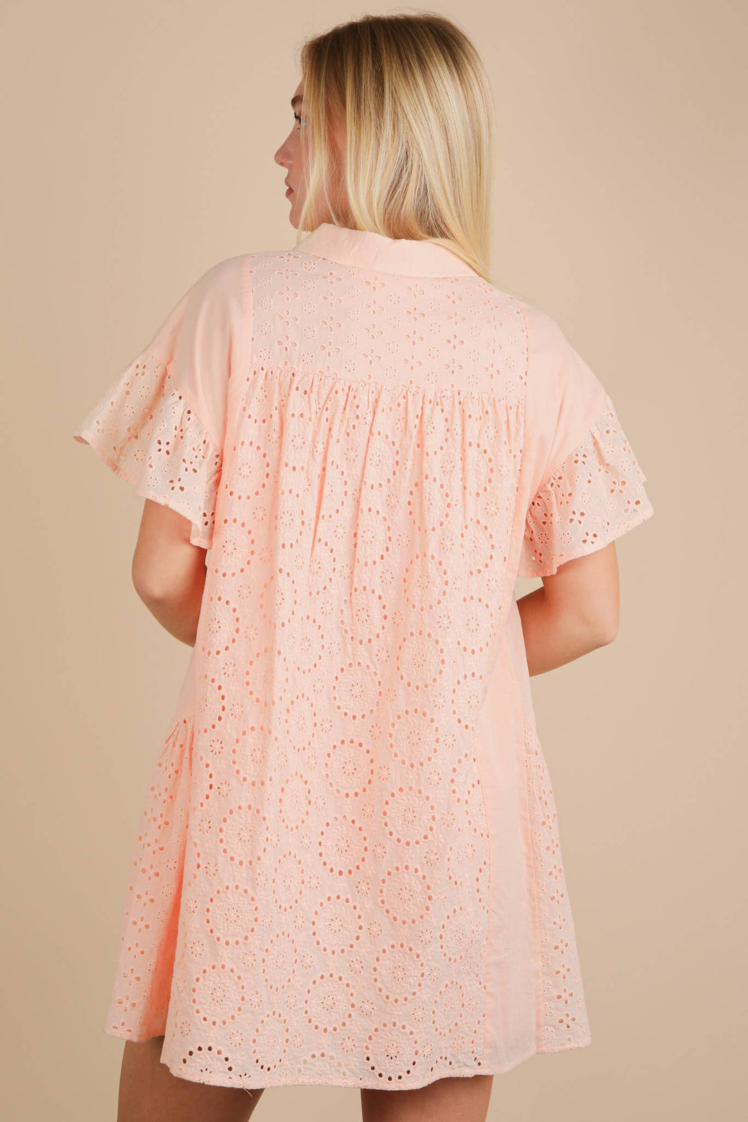 ND31658-Mixed Cotton Eyelet Lace Ruffled Mini Shirt Dress