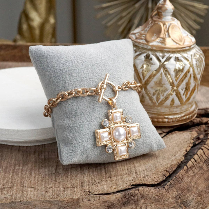 Heavenly Sparkle – Gold Cross Dangle Earrings with Pearls and Crystals