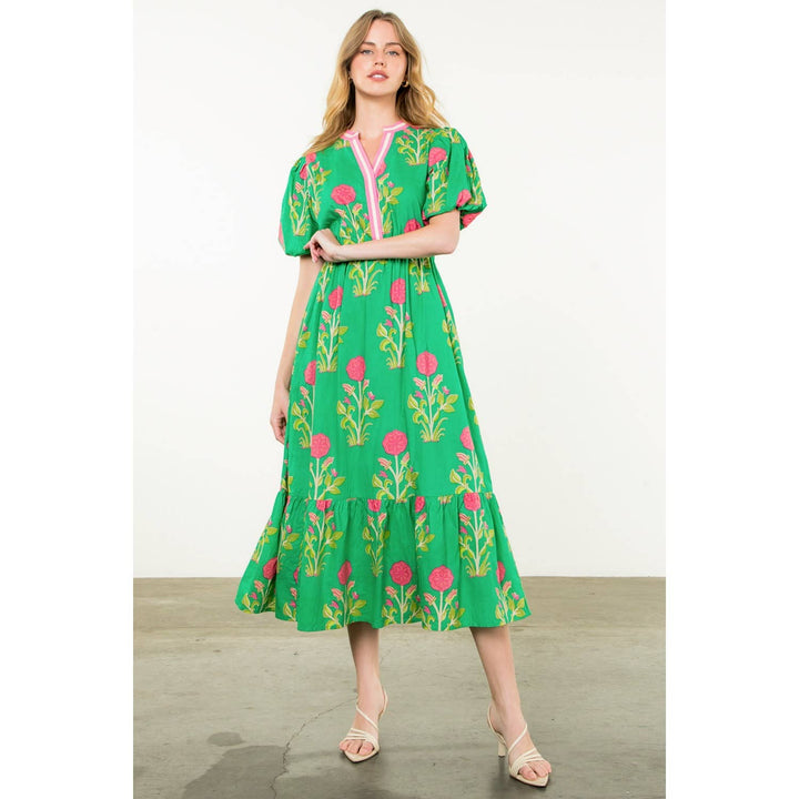 Puff Sleeve Flower Print Maxi Dress
