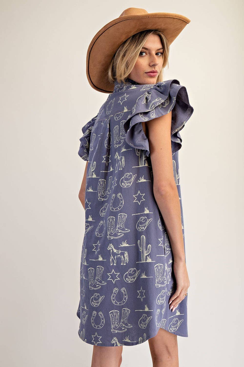 PL9120 - SOFT WASHED WESTERN GRAPHIC BUTTON DOWN MINI DRESS
