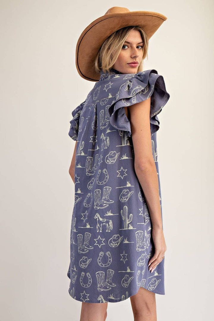 PL9120 - SOFT WASHED WESTERN GRAPHIC BUTTON DOWN MINI DRESS