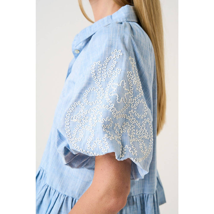 EMBROIDERY BUBBLE SLEEVE PEPLUM BUTTON DOWN SHIRT