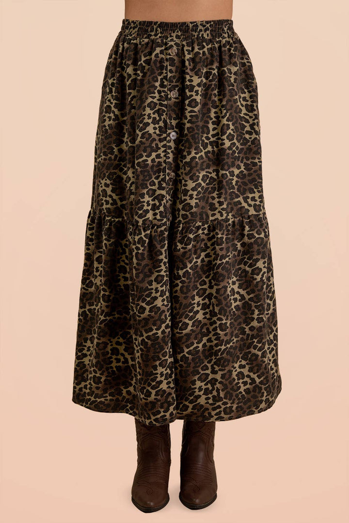 Button Down Leopard Printed Midi Skirt