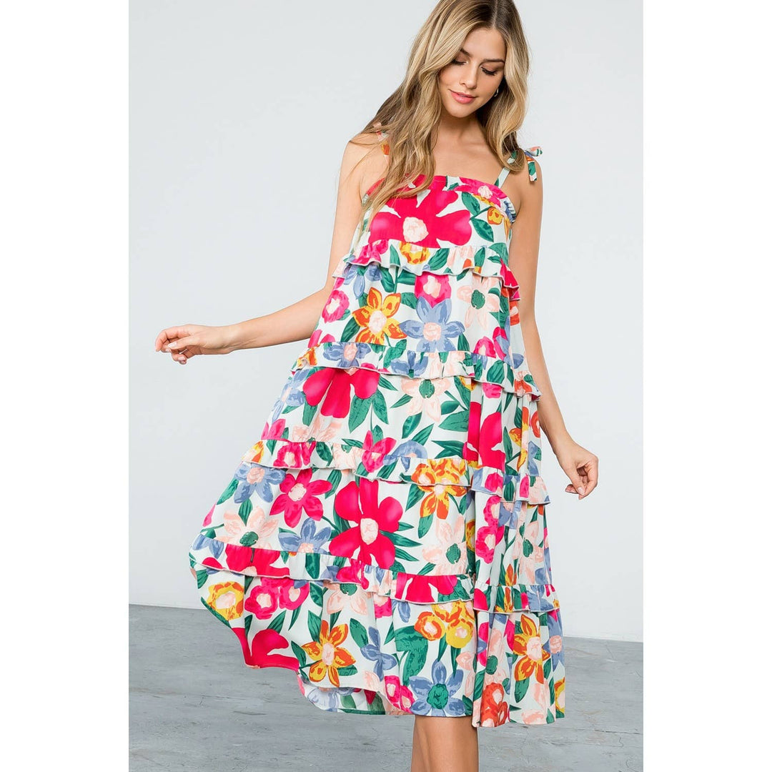 Mint Floral Midi Dress with Ruffle Tiers and Straps