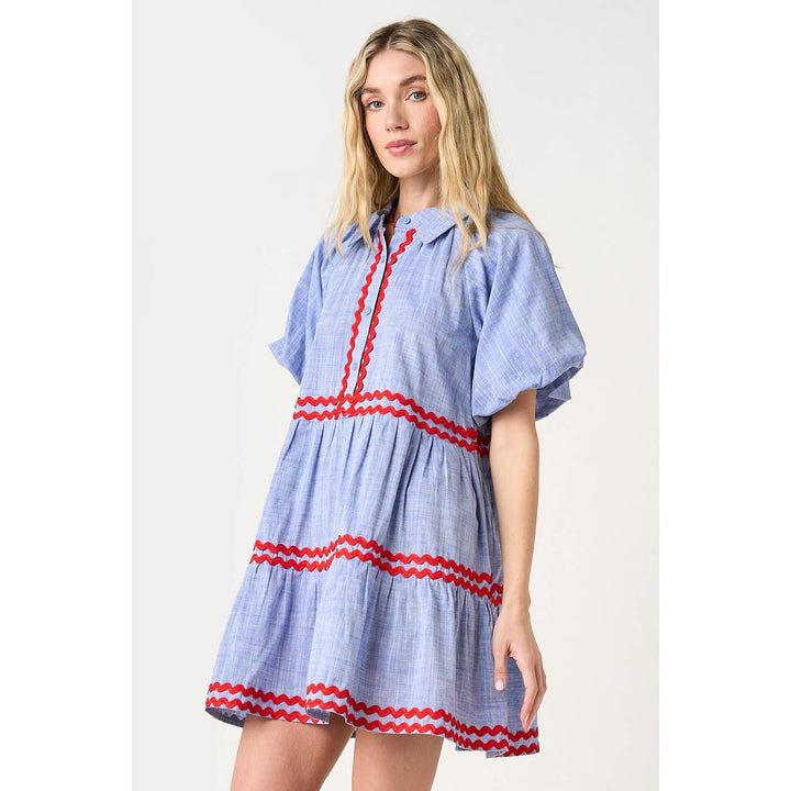 CHAMBRAY ZIG ZAG CONTRAST BUBBLE SLEEVE MINI DRESS
