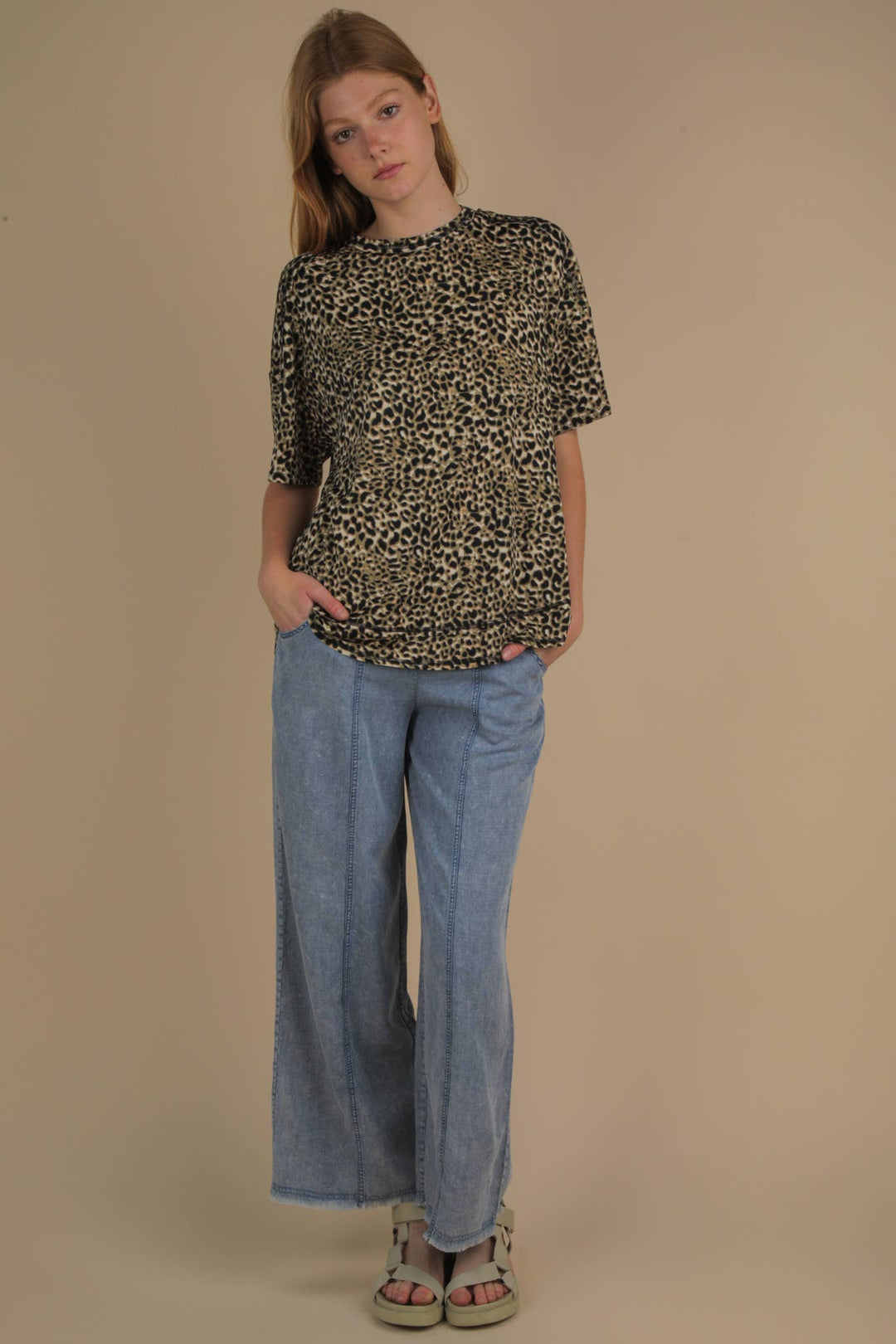 NP70568-Smocking Waist Washed Chambray Wide Pants
