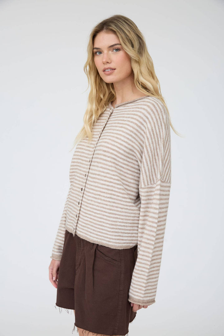 STRIPE RAW EDGE DROP SHOULDER KNIT CARDIGAN