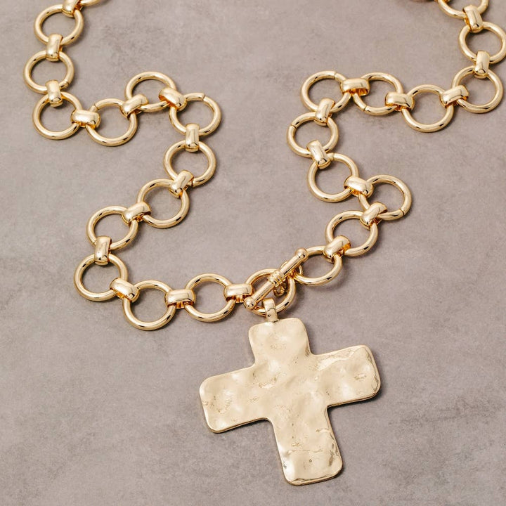 Hammered Cross Pendant Toggle Chain Necklace