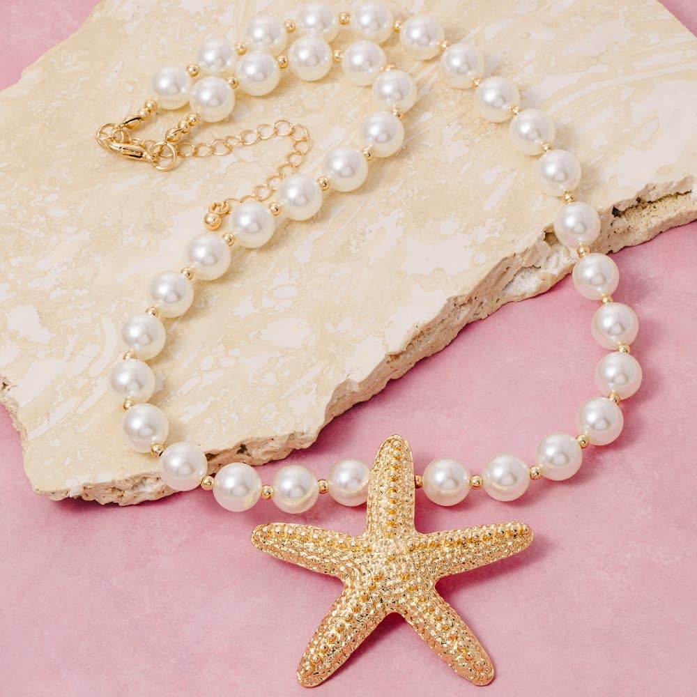 Gold Starfish Pendant Pearl Beaded Necklace
