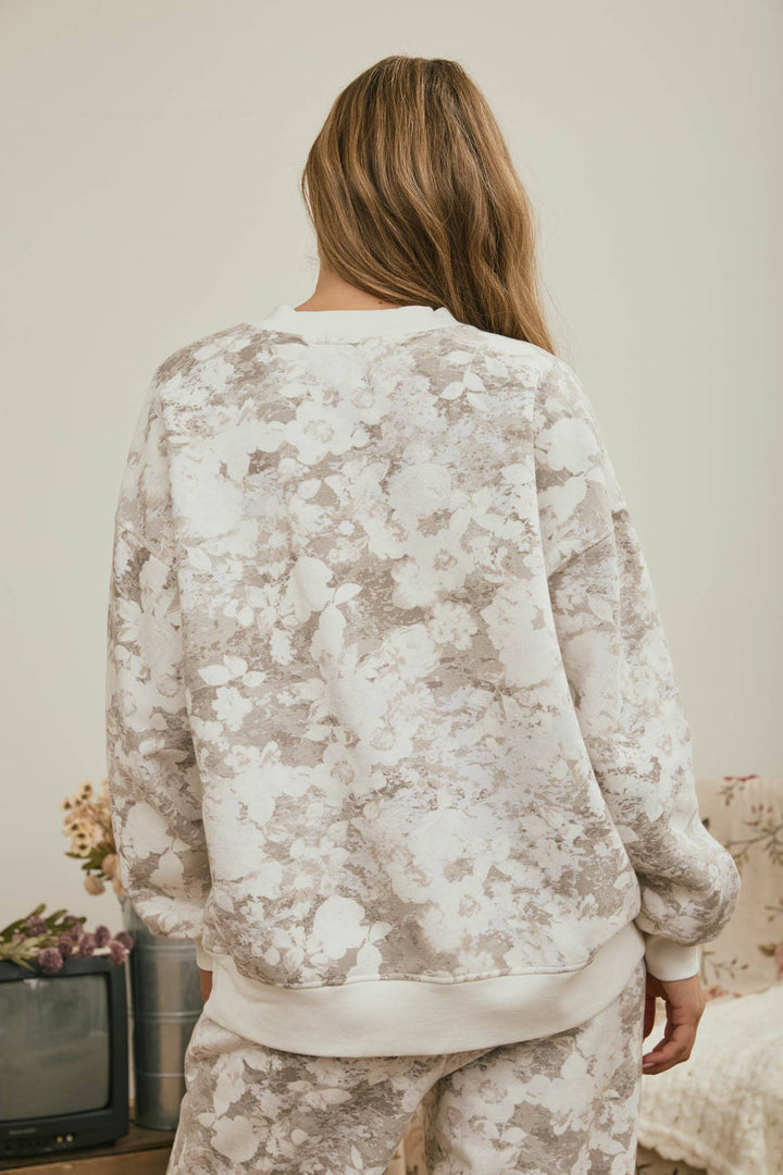 FLORAL CAMO WASH BOXY CREW KNIT TOP & PANTS SET