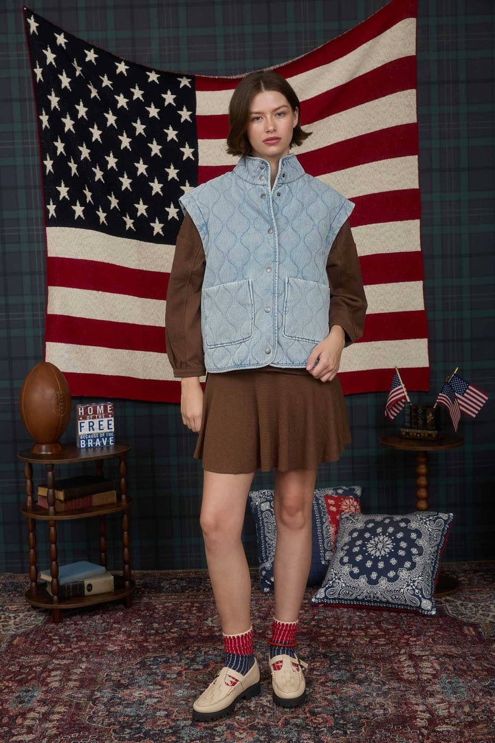 WASHED DENIM QUILTED BUTTON DOWN VEST
