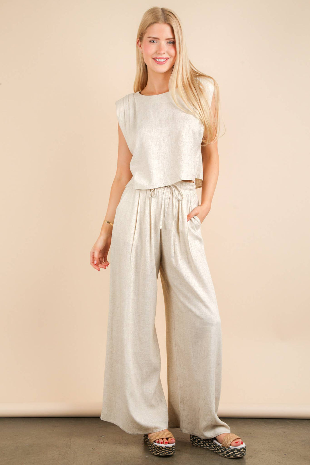 NT12090SET-Solid Woven Top & Pants Set