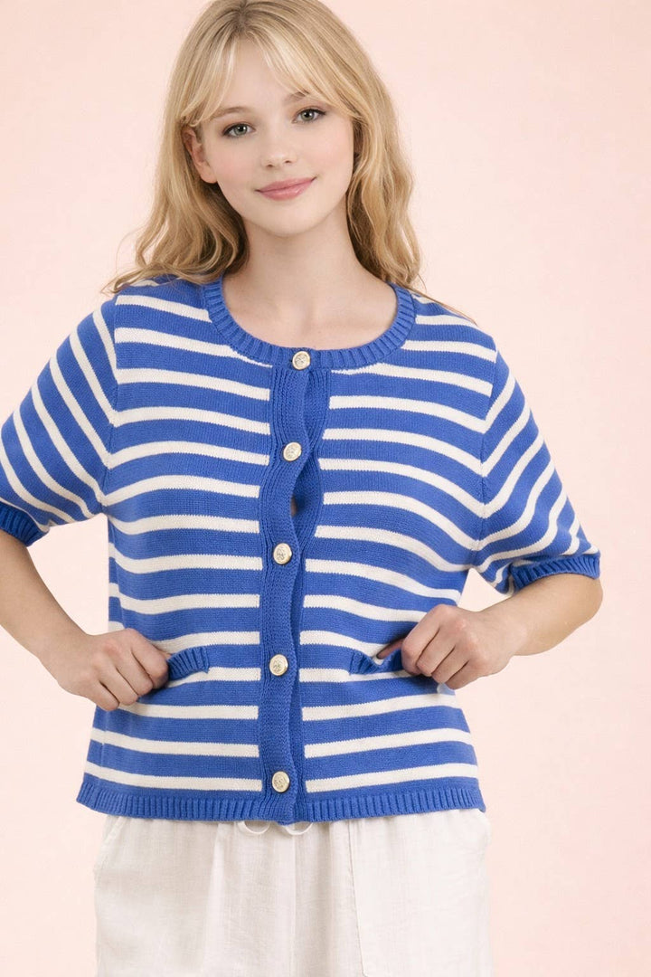 Stripe Button Down Knit Sweater Top Kelly Green