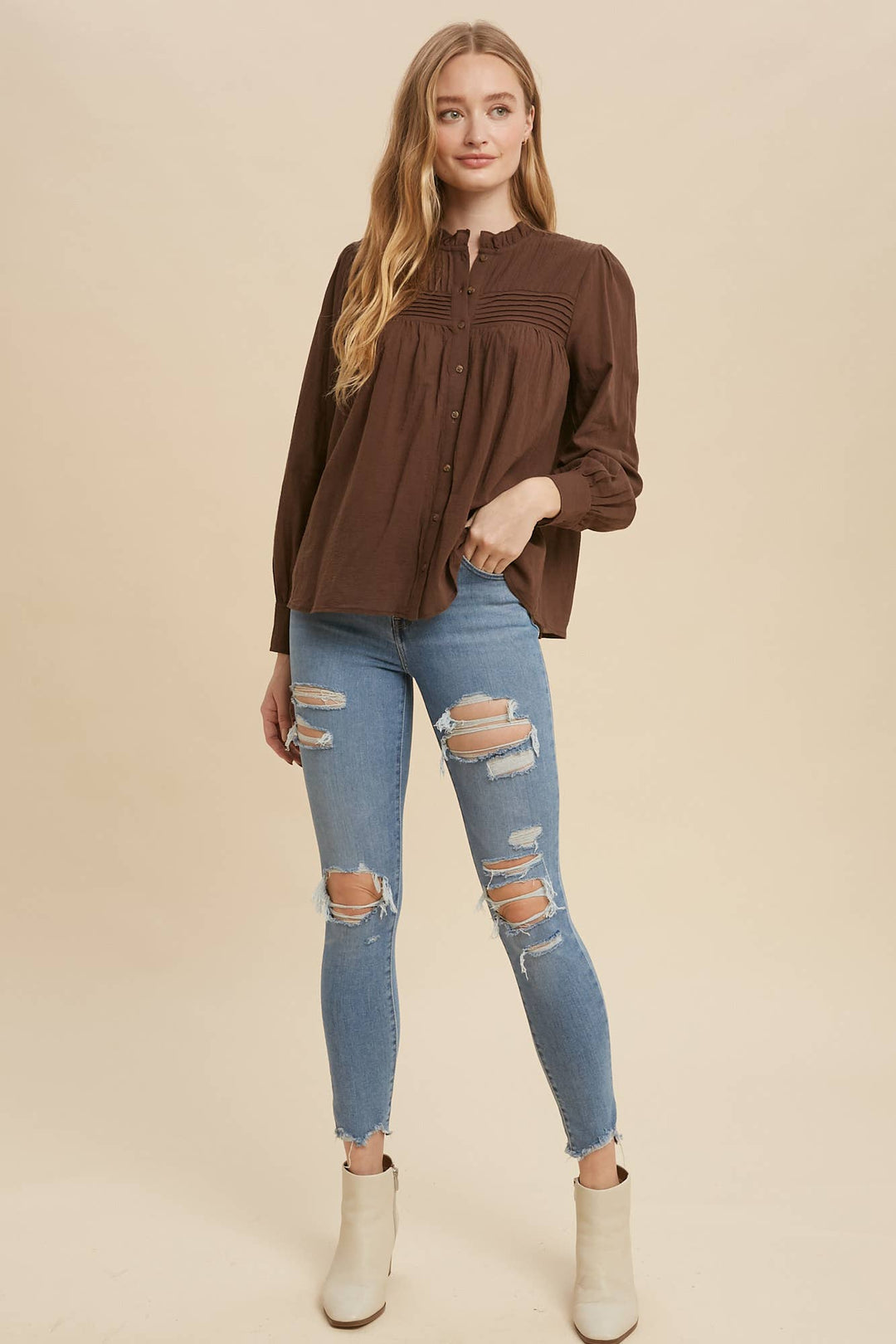 PINTUCK PLEATED MOCK NECK BLOUSE