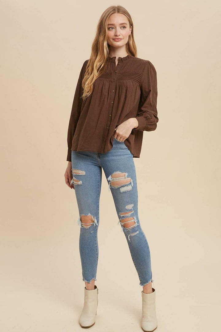 PINTUCK PLEATED MOCK NECK BLOUSE