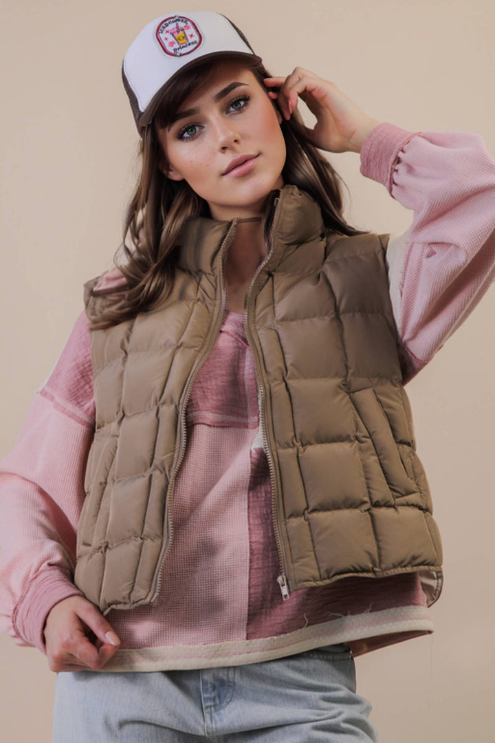 NJ90282-Solid & Leopard Puffer Padded Warm Vest