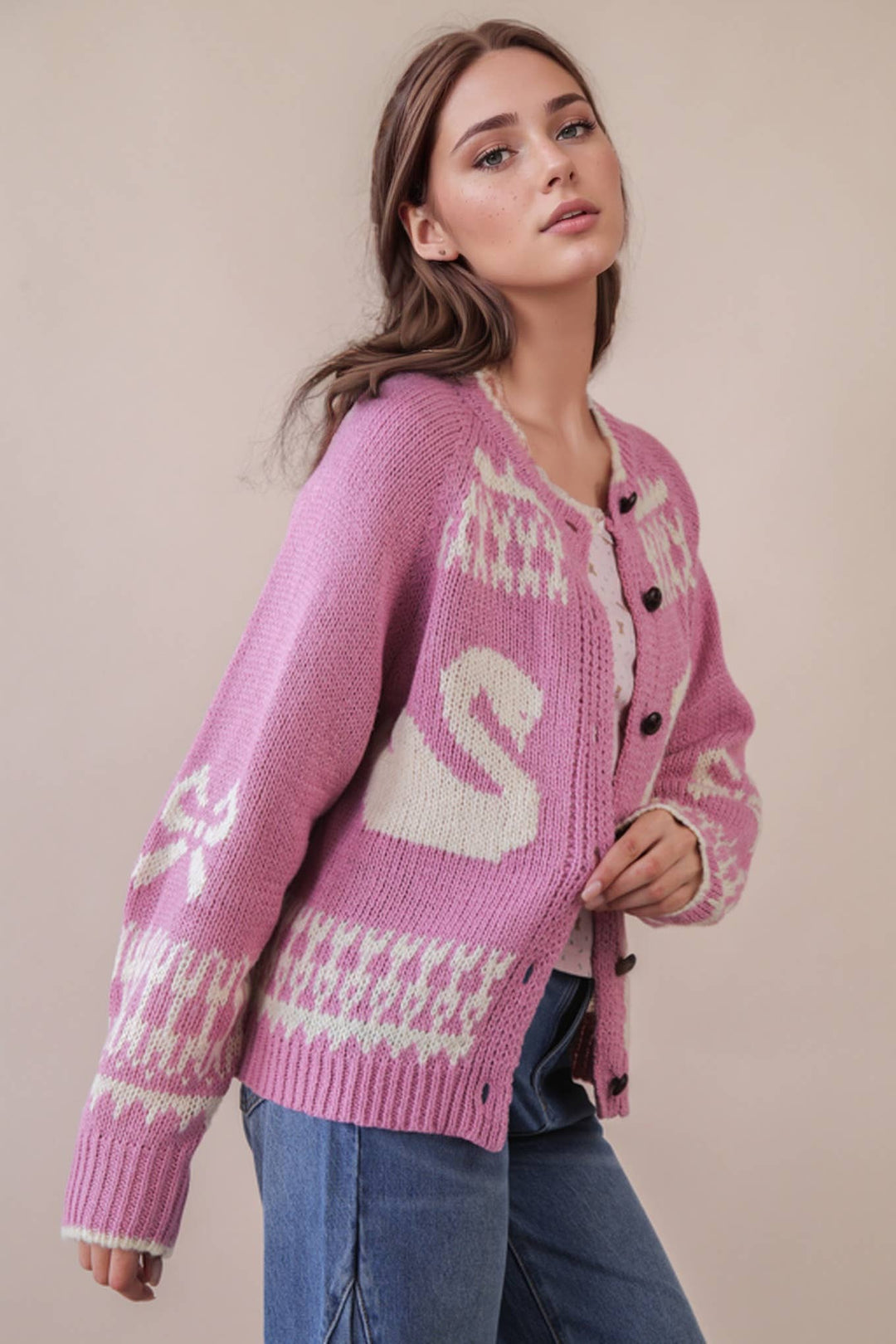 Very J Oversized Graphic Swan Sweater Cardigan