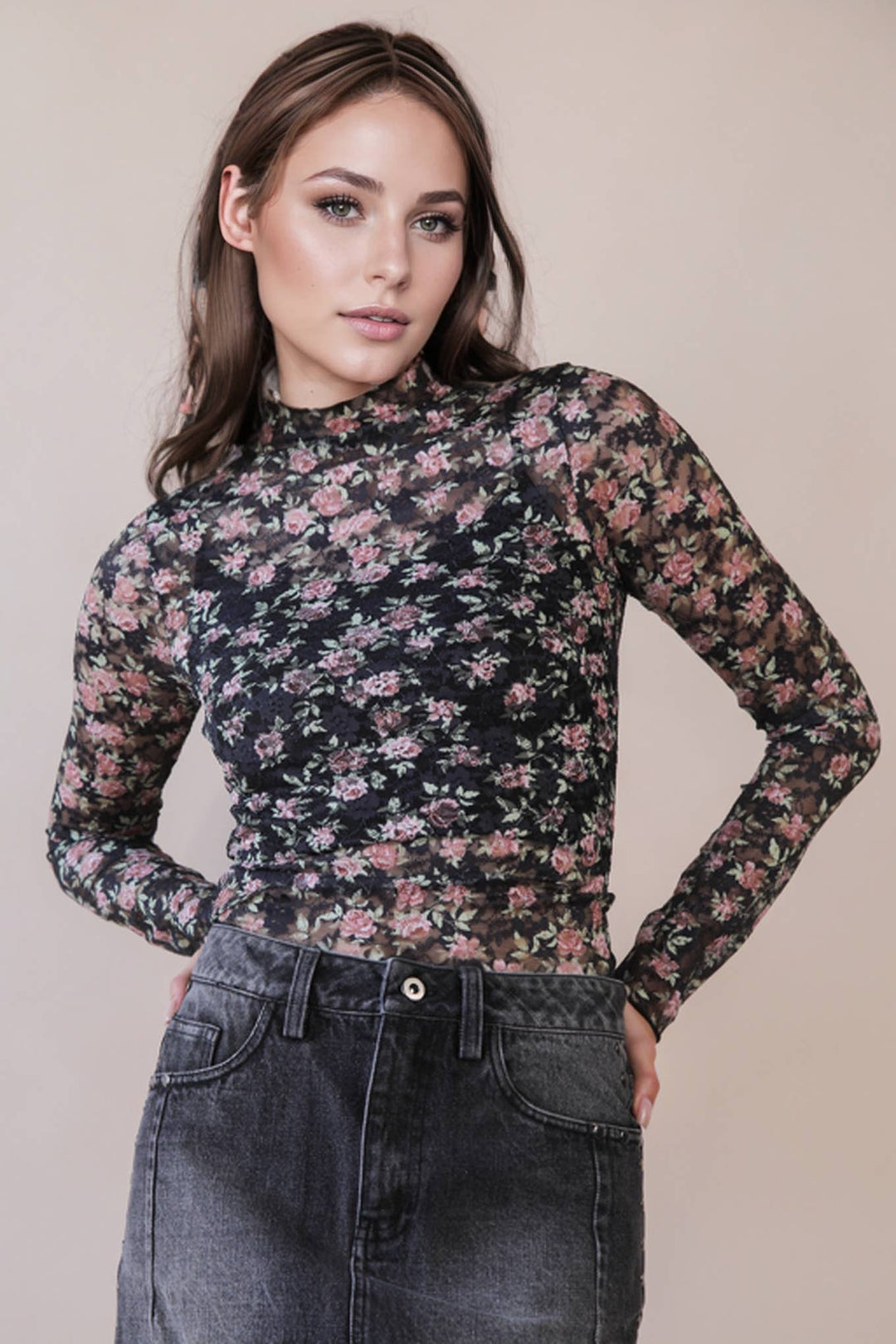 Very J Fitted Sheer Mesh Lace Top