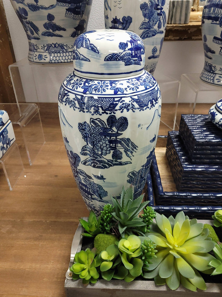Blue & White Chinoiserie Ceramic Urn Jar 16"