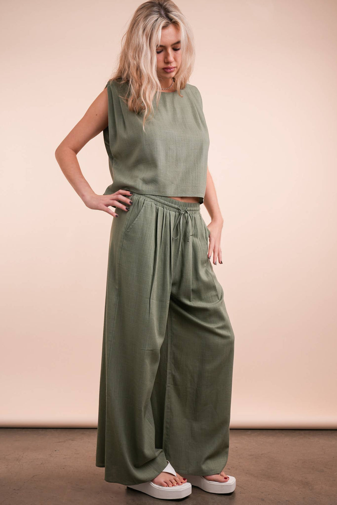 NT12090SET-Solid Woven Top & Pants Set