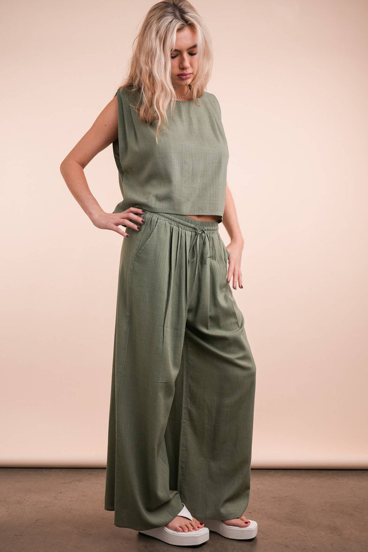 NT12090SET-Solid Woven Top & Pants Set