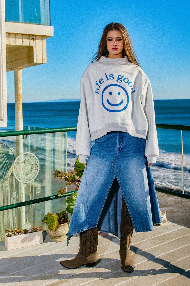 Reversible Graphic Mock-Neck Crop Sweatshirt