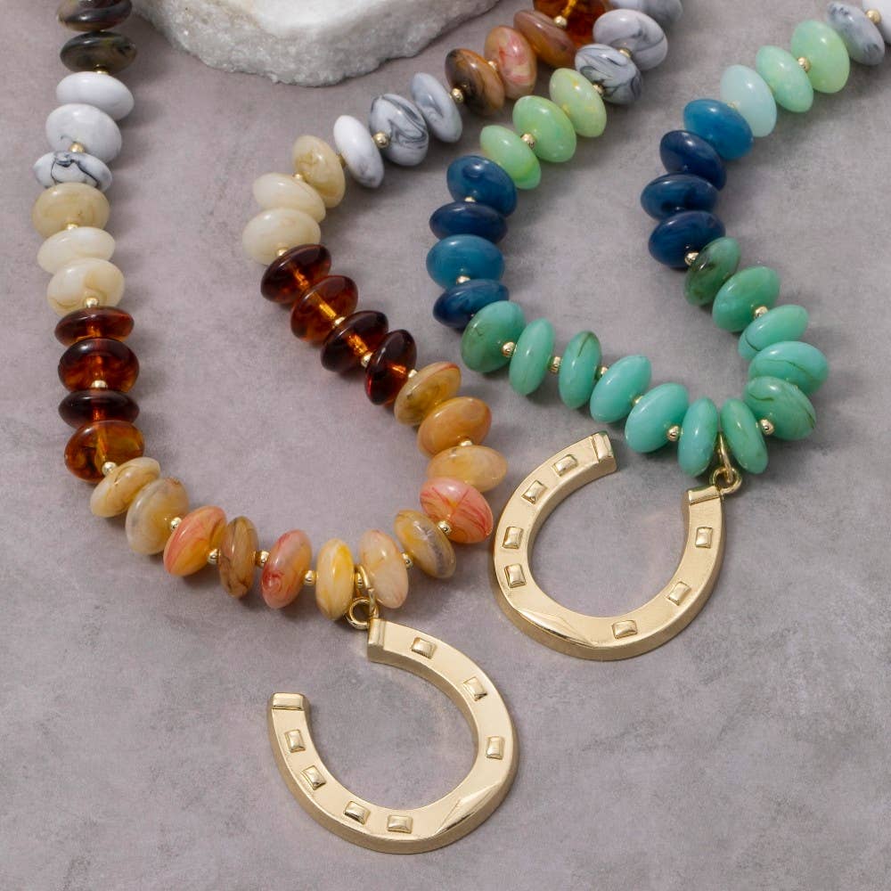 Gold Horse Shoe Pendant Marble Resin Disc Beaded Necklace