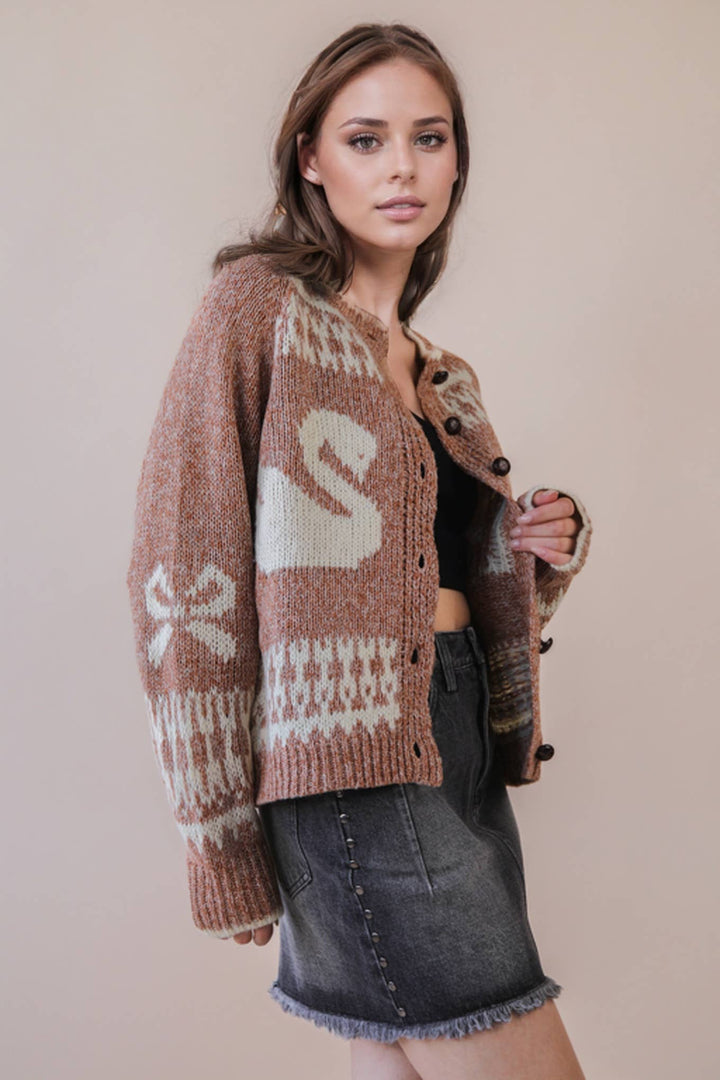 Very J Oversized Graphic Swan Sweater Cardigan