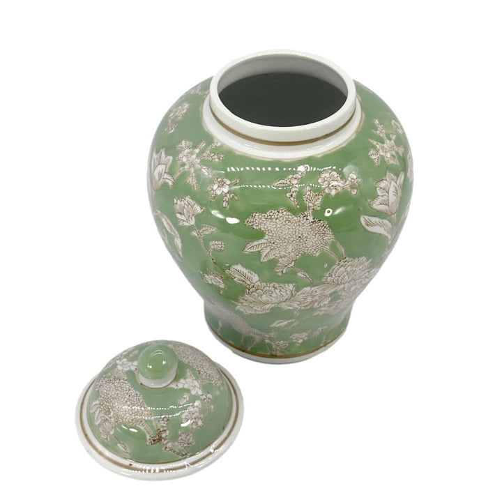 Green & White  Floral Peony Ceramic Chinoiserie Jar 12"