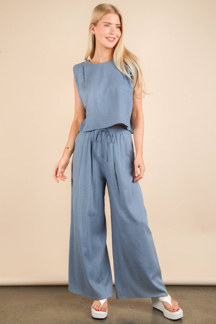 NT12090SET-Solid Woven Top & Pants Set