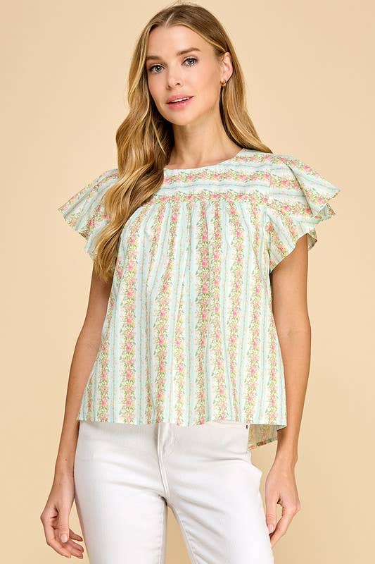 CT8860-Floral Striped Round Neck Ruffle Sleeves Top