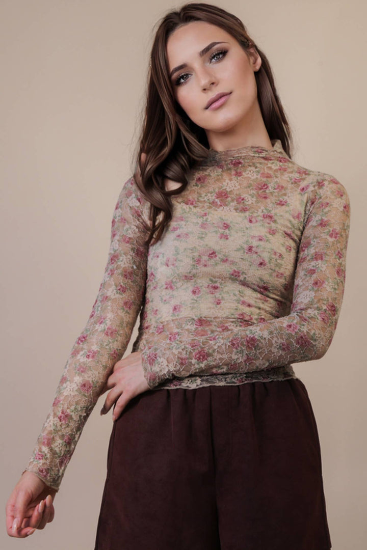 Very J Fitted Sheer Mesh Lace Top