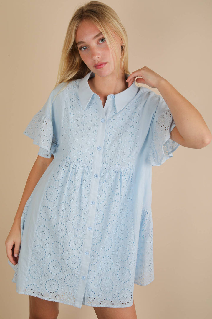 ND31658-Mixed Cotton Eyelet Lace Ruffled Mini Shirt Dress