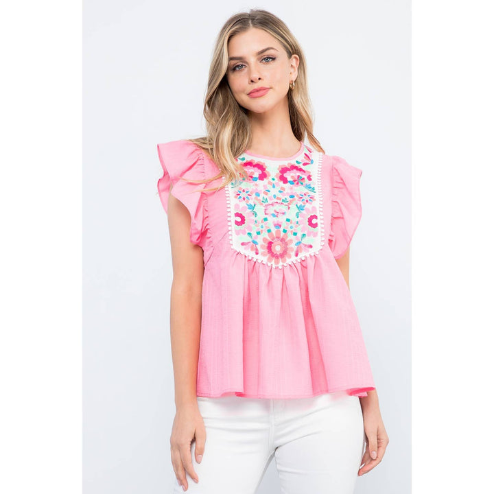Embroidered Flutter Sleeve Top