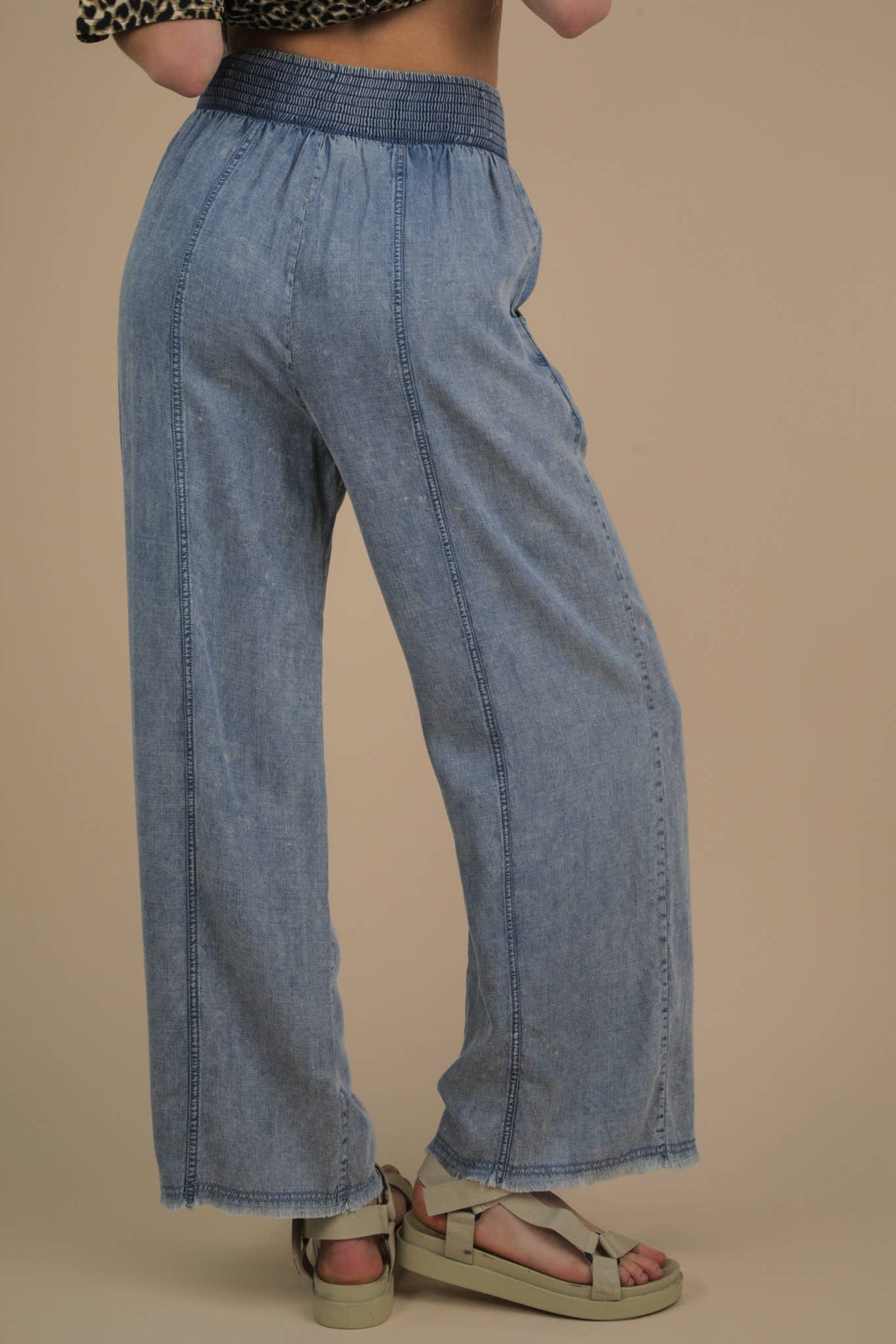 NP70568-Smocking Waist Washed Chambray Wide Pants