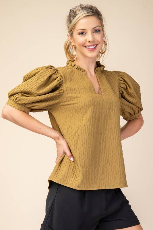 Ruffle V-Neck Puff Sleeve Top