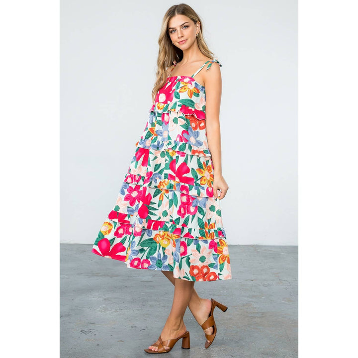 Mint Floral Midi Dress with Ruffle Tiers and Straps