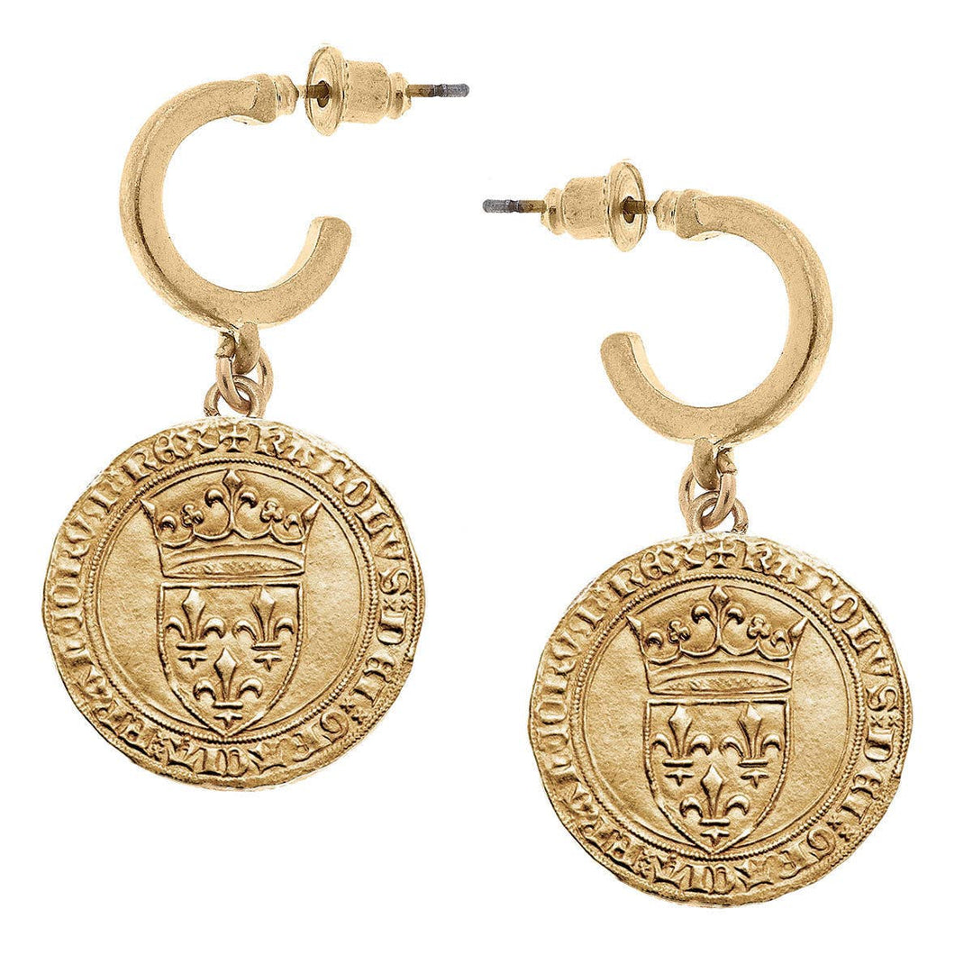 CANVAS Style x MaryCatherineStudio French Coin Drop Hoop Earrings in Worn Gold